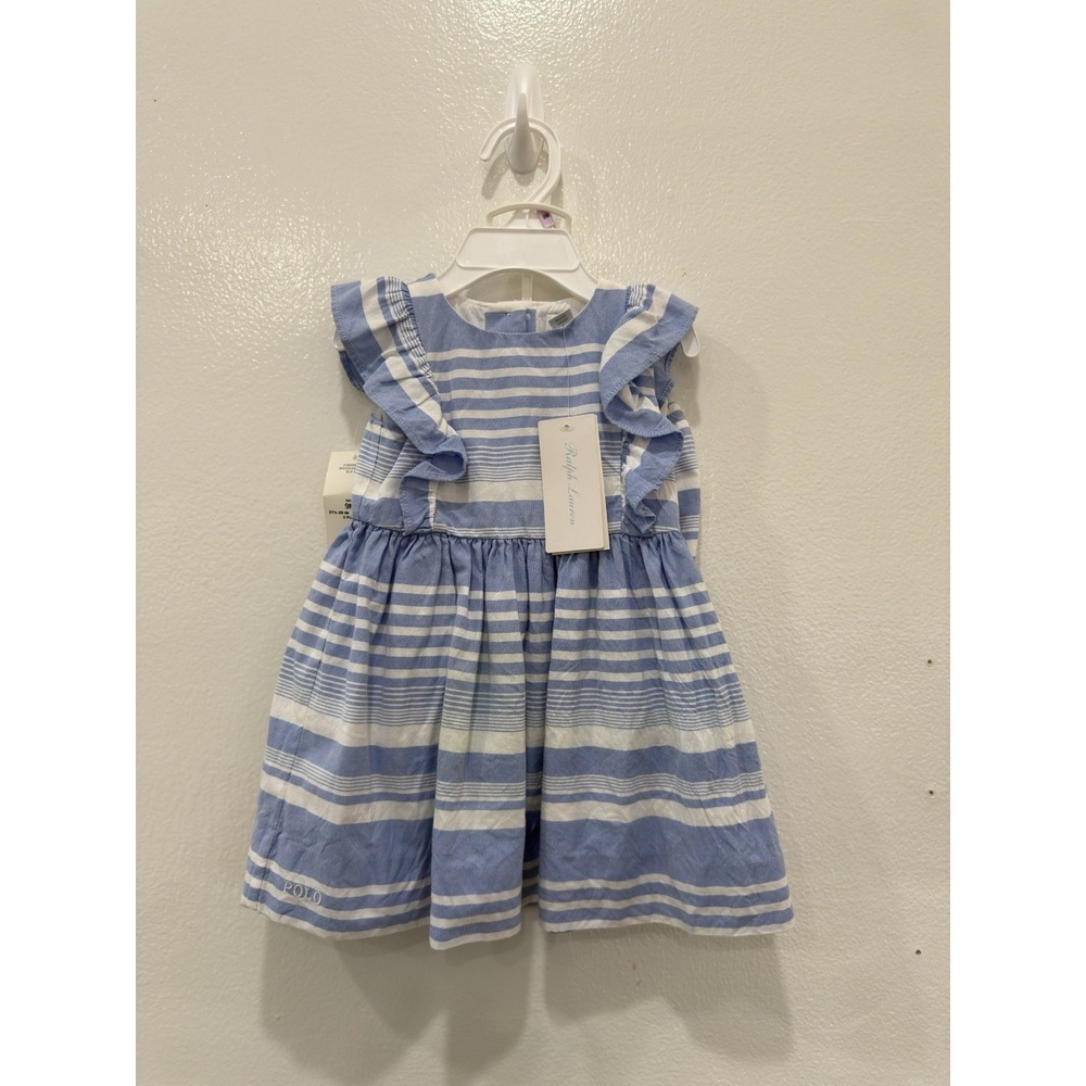 Ralph Lauren Baby Girls 9M Blue White Striped Ruffle Sleeve Dress NWT
